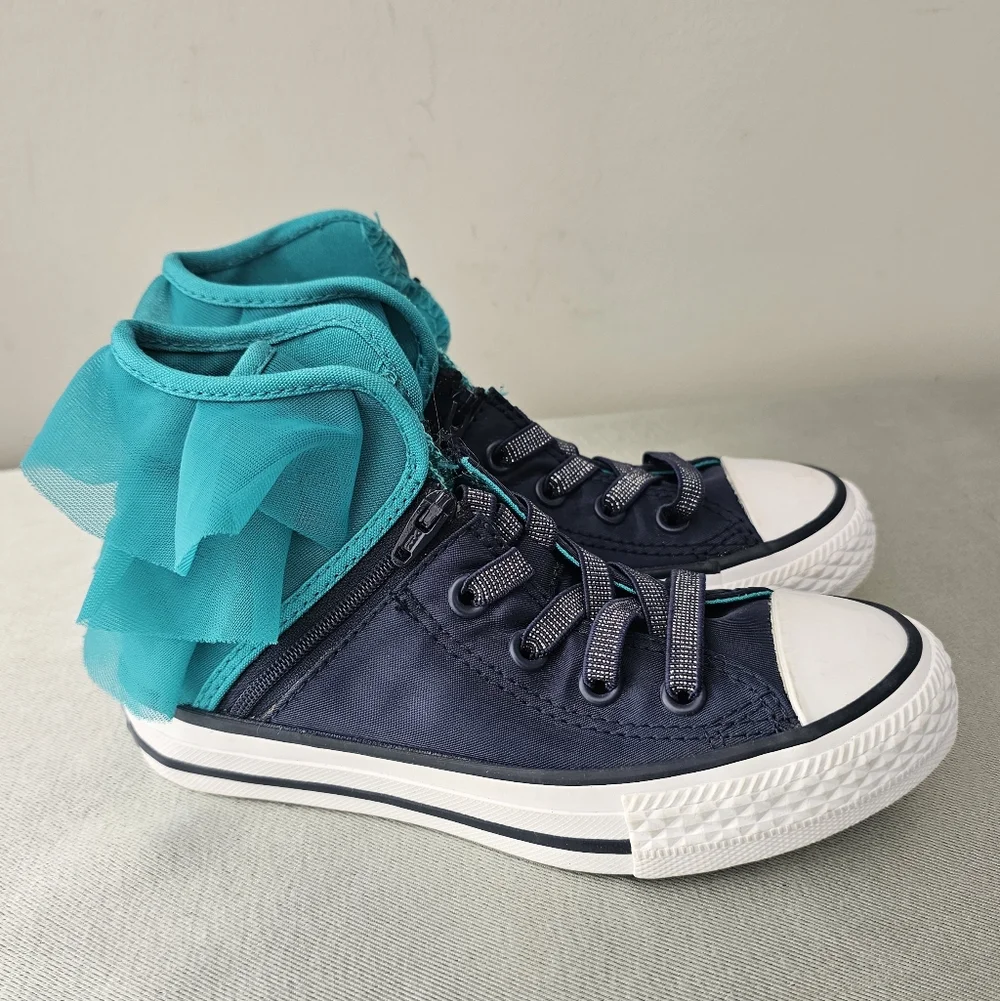 NWOB CONVERSE Block Party Navy & Teal Ruffle Toddler Girls Side Zip Sneakers